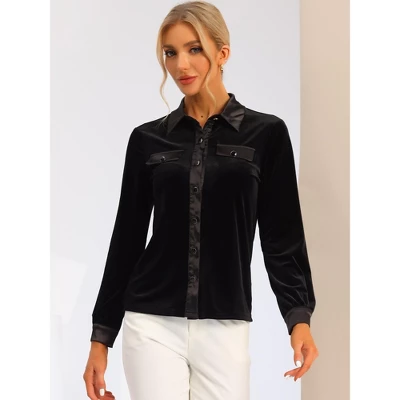 Allegra K Women's Point Collar Faux Pocket Long Sleeves Button Down Velvet Blouse 3 Allegra K Women's Point Collar Faux Pocket Long Sleeves Button Down Velvet Blouse - Image 3