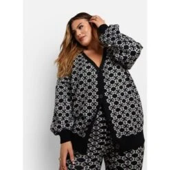 Rebdolls Women's Heidi Abstract Print Knit Oversized Longline Cardigan - Black & White