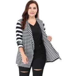 Agnes Orinda Women Plus Size Open Front Lightweight Striped Cardigan
