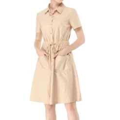 Allegra K Women's Point Collar Front Elastic Waist Drawstring Above Knee Shirt Dress With Pocket -CUPSHE Store GUEST f15bfe93 2ede 418d a4d4 640ce8a056a7