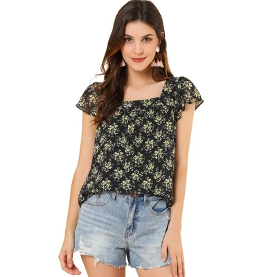 Allegra K Women's Chiffon Ruffle Sleeve Square Neck Floral Print Layered Blouse 17 Allegra K Women's Chiffon Ruffle Sleeve Square Neck Floral Print Layered Blouse - Image 17