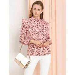 Allegra K Women's Bow Tie Neck Long Sleeve Floral Ruffled Blouse