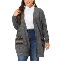 Agnes Orinda Women's Plus Size Long Sleeve Patch Pocket Open Front Knit Sweater Cardigan