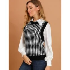Allegra K Women's Round Neck Sleeveless Houndstooth Plaid Knitted Sweater Vest