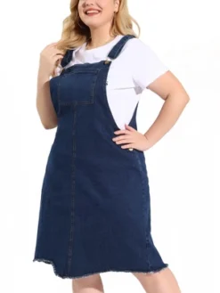 Agnes Orinda Women's Plus Size Overall Frayed Adjustable Strap Denim Suspender Shift Dress