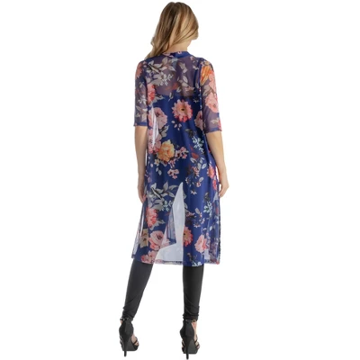 24seven Comfort Apparel Plus Size Navy Floral Print Knee Length Sheer Cardigan 2 24seven Comfort Apparel Plus Size Navy Floral Print Knee Length Sheer Cardigan - Image 2