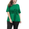 Agnes Orinda Women's Plus Size Twisted Knot Waist Short Sleeves Summer Outfits Peplum Blouses