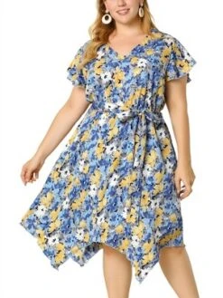 Agnes Orinda Women's Plus Size Floral Belted Ruffled Asymmetrical Hem Midi Dress