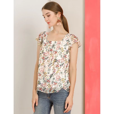 Allegra K Women's Chiffon Ruffle Sleeve Square Neck Floral Print Layered Blouse 1 Allegra K Women's Chiffon Ruffle Sleeve Square Neck Floral Print Layered Blouse