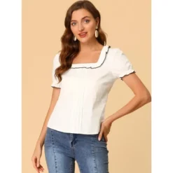 Allegra K Women's Puff Sleeve Ruffle Tops Summer Elegant Work Square Neck Blouse